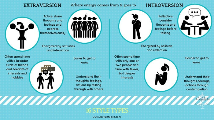 What are the key differences between Extraverts and Introverts? This graphics overviews them